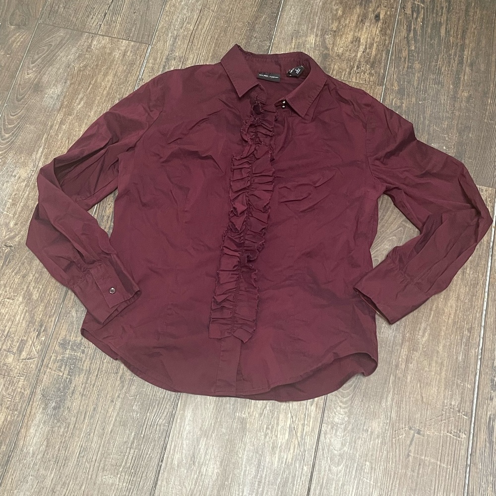 New York & Company Maroon Red Button Down Blouse Top Ruffle Feminine Top Size L